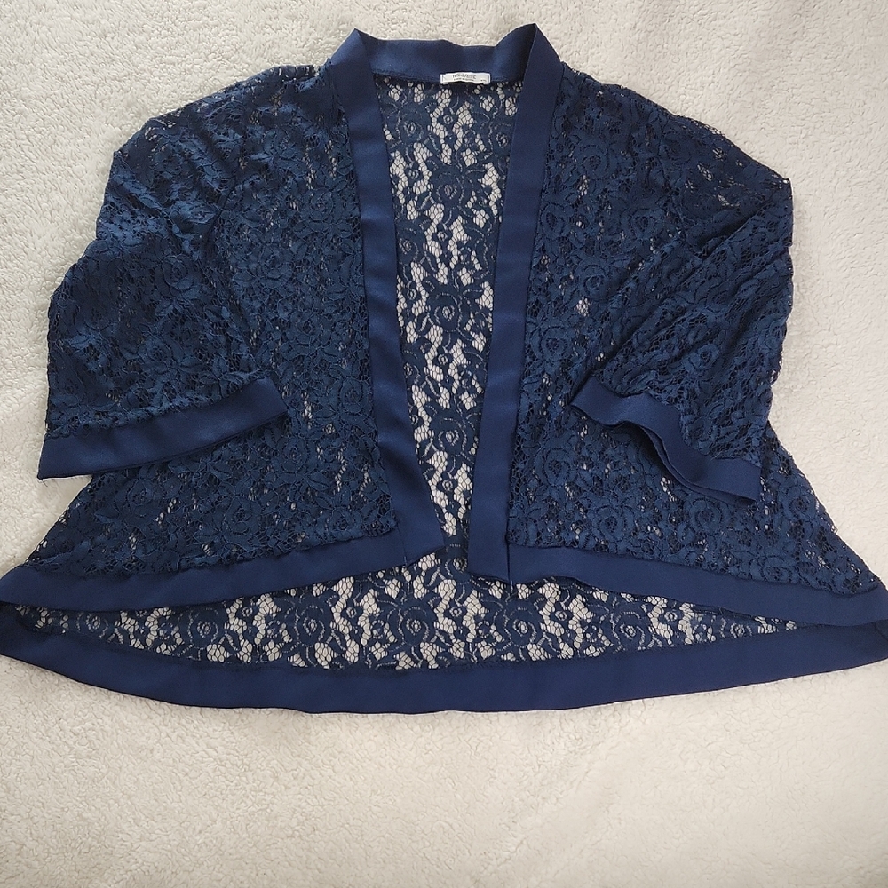 Navy Lace Open Front 3/4 Sleeve Cover Up Cardigan Shrug XXL